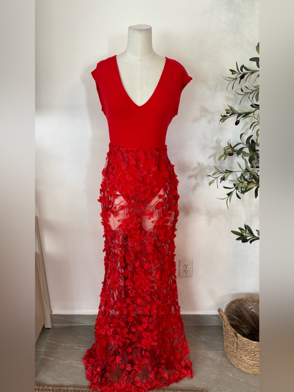 Hot Miami Styles Red 3D Floral Sheer Maxi Dress Bodysuit Gown M